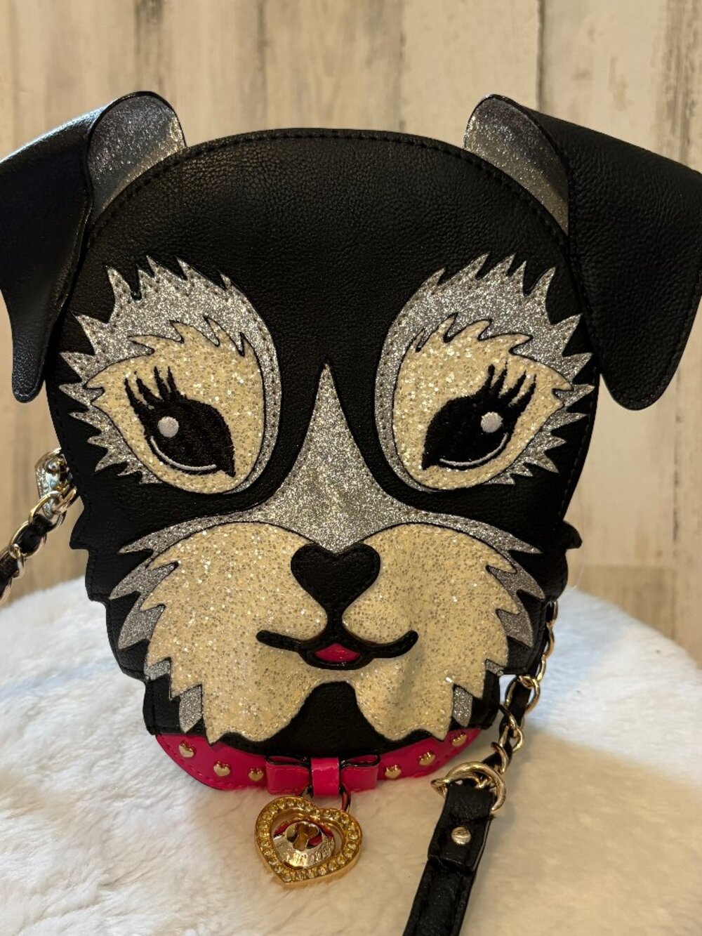 Betsey Johnson Roxy Puppy Dog Crossbody Purse Black Glitter Zip Top Bag